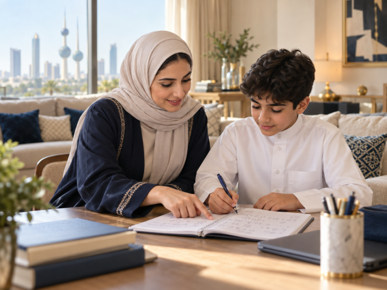 معلمة خصوصية تشرح لطالب في منزله في الكويت - معهد ألفا العالمي